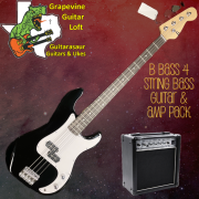 B Bass 4 string bass guitar & amp pack Black