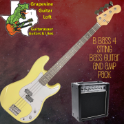 B Bass 4 string bass guitar & amp pack Yellow White